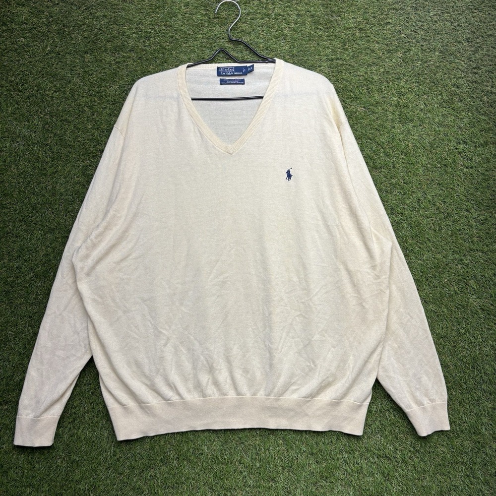 Polo Ralph Lauren Sweater Mens 3XB Beige Cotton Cashmere Silk Blend V-Neck